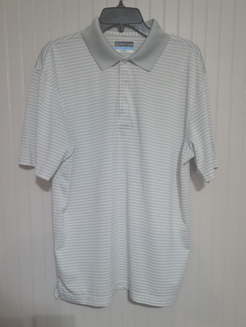 Airflux PGA Tour White and Light Gray Striped Polo Large